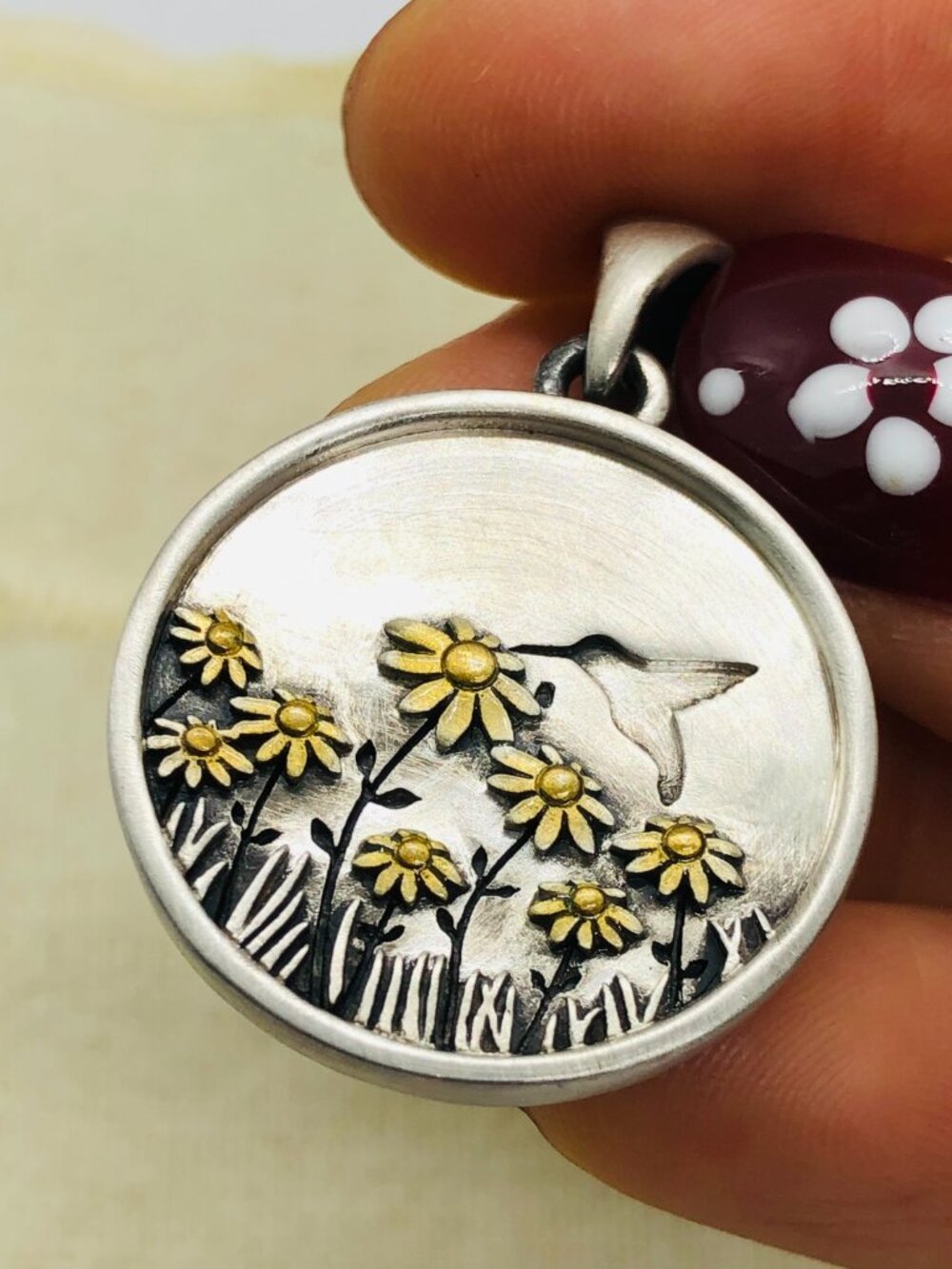 Bird & Daisy Pendant, Two Tone Nature Charm, Flying Bird Necklace Pendant
